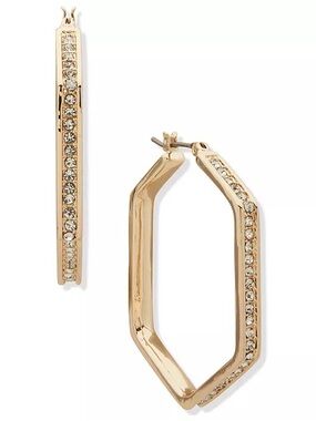 Karl Lagerfeld Paris Gold Hexagon Hoop Earrings Crystal Pave NWT